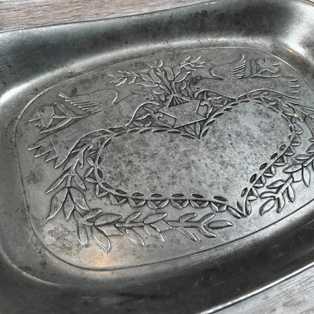 Vintage 70s Wilton Pewter Tray Oval Etched Birds Witchy Cottagecore Decor